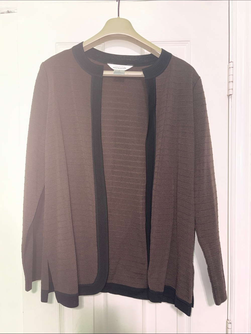 Misook Ribbed Brown Cardigan with Black Trim Open Front Size S